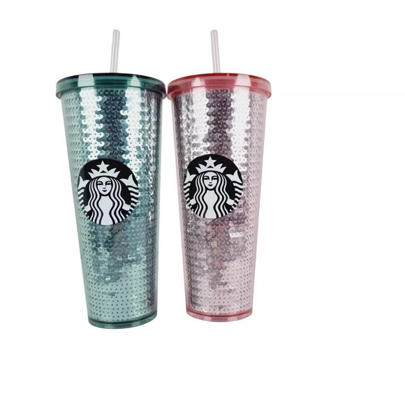 Set of 2 Starbucks Pink & Green Rose Sequin Venti Tumbler Cup with Straw 24 Oz.